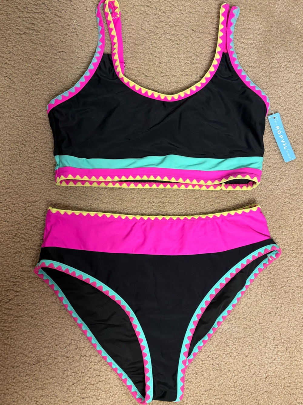 Women’s Black & Hot Pink Colorblock Two-Piece Swimsuit with Teal Trim
